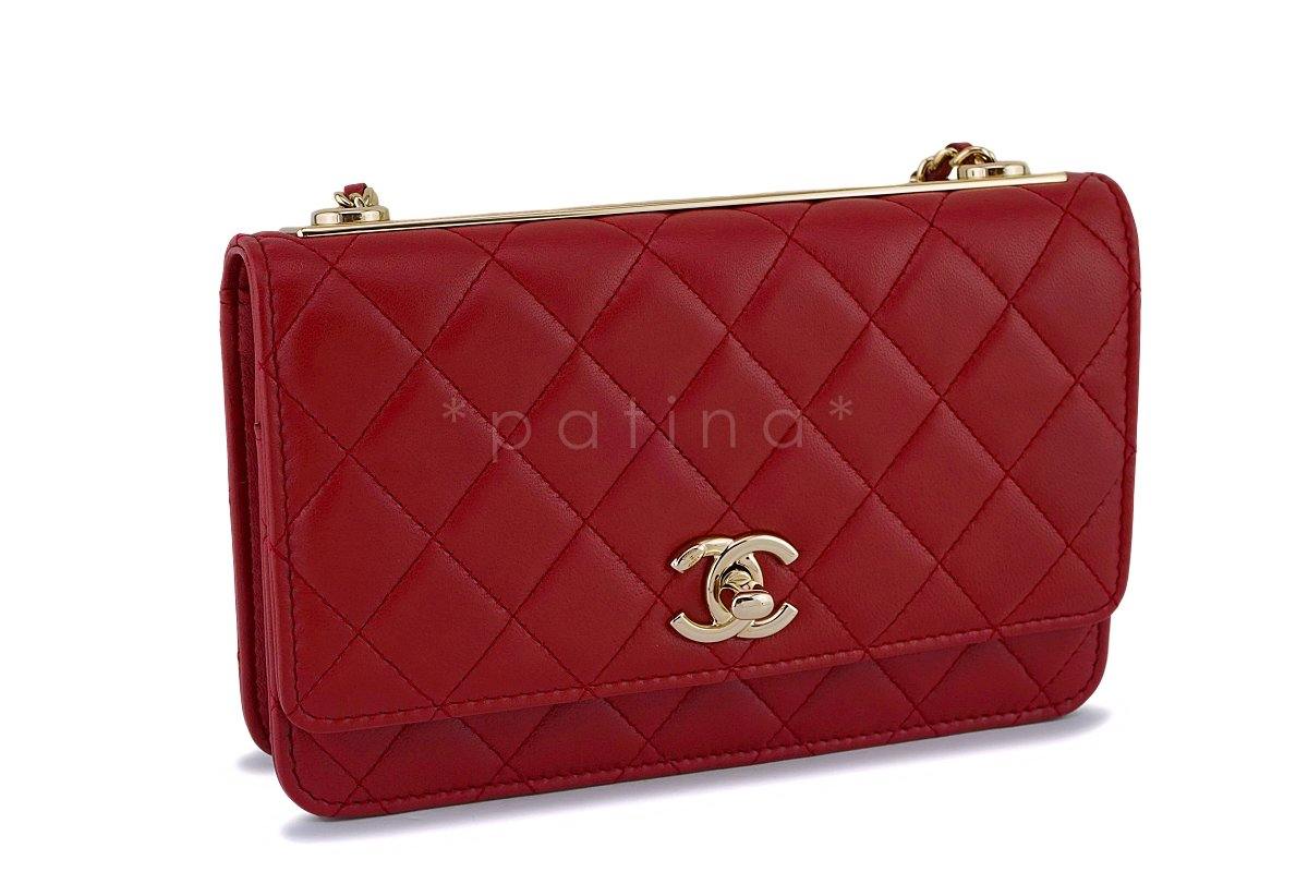 NIB 18K Chanel Red Trendy CC Wallet on Chain WOC Mini Flap Bag GHW