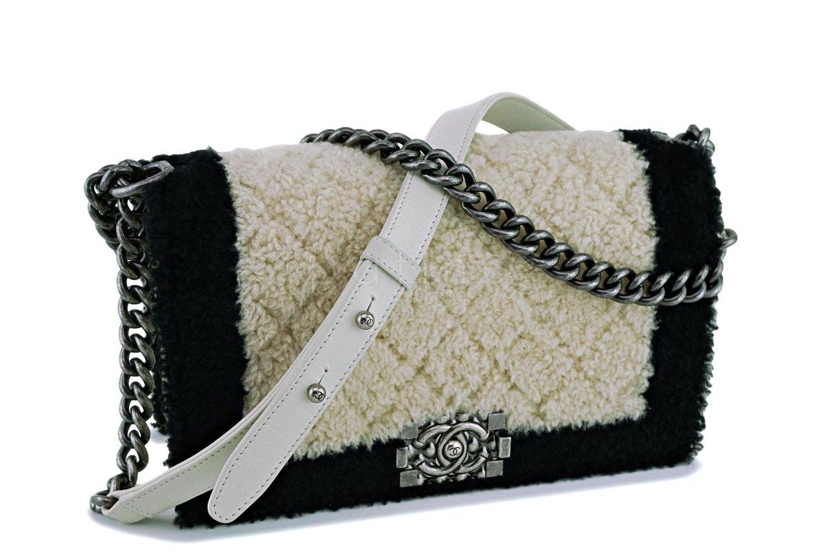 15A Chanel Medium Black/Cream Shearling Classic Boy Flap Bag RHW