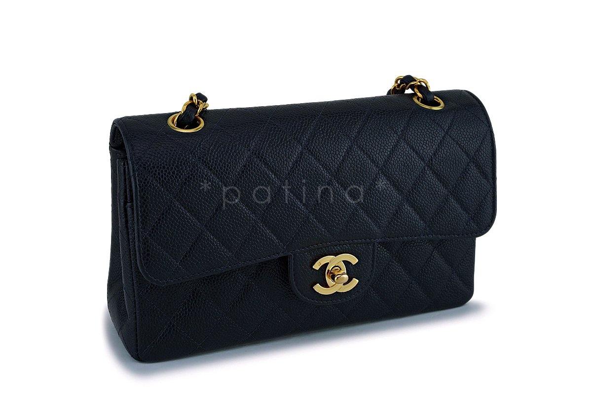 Chanel Midnight Navy Blue-Black Caviar Small Classic Double Flap Bag 24k GHW F8S