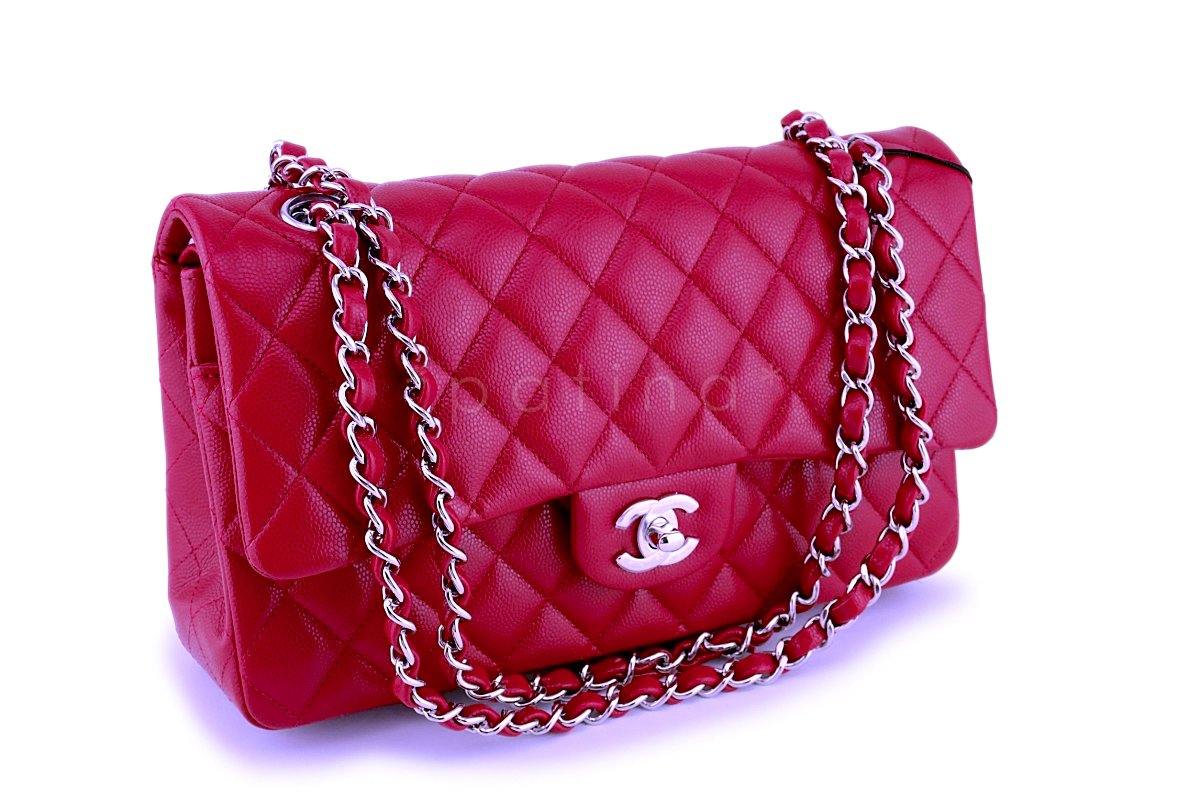 NWT 18B Chanel Red-Pink Caviar Medium Classic Double Flap Bag SHW
