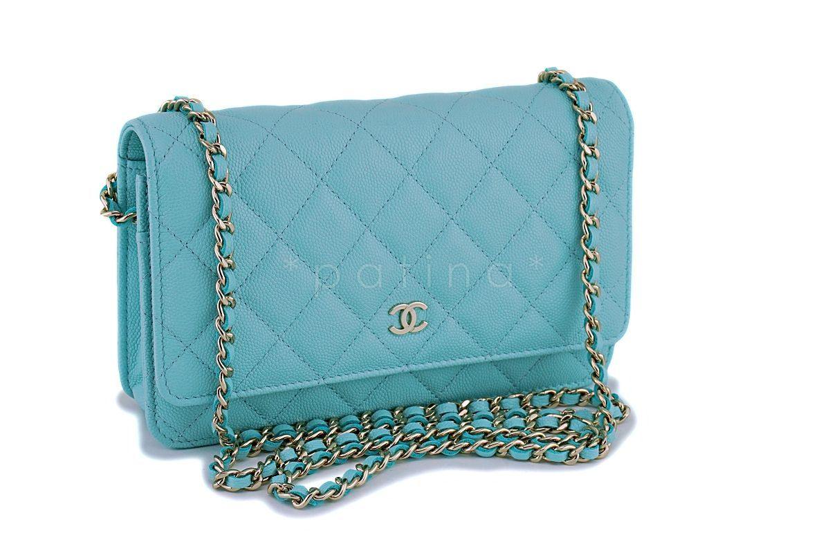 NIB 19C Chanel Lt Turquoise Blue Caviar Classic Wallet on Chain WOC Mini Flap Bag GHW