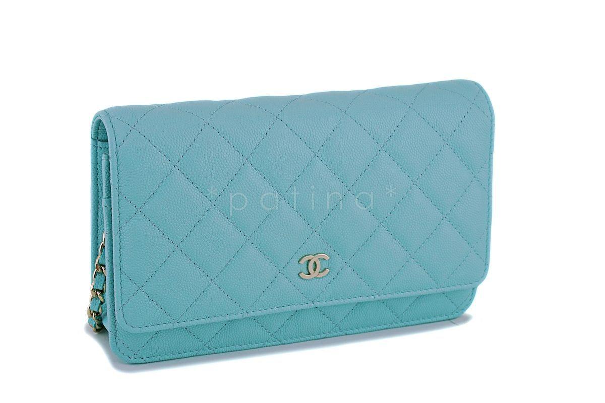 NIB 19C Chanel Lt Turquoise Blue Caviar Classic Wallet on Chain WOC Mini Flap Bag GHW