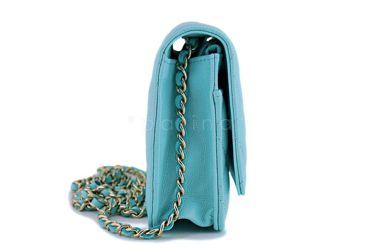 NIB 19C Chanel Lt Turquoise Blue Caviar Classic Wallet on Chain WOC Mini Flap Bag GHW
