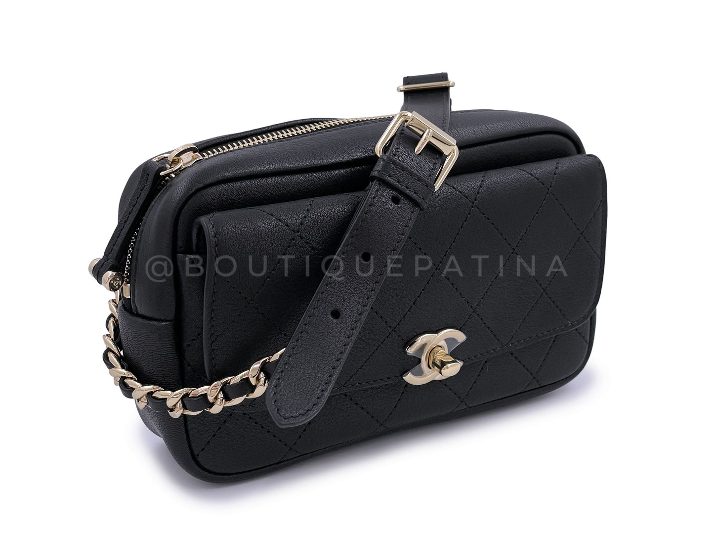 NIB 19B Chanel Black Waist Belt Bag Fanny Pack GHW