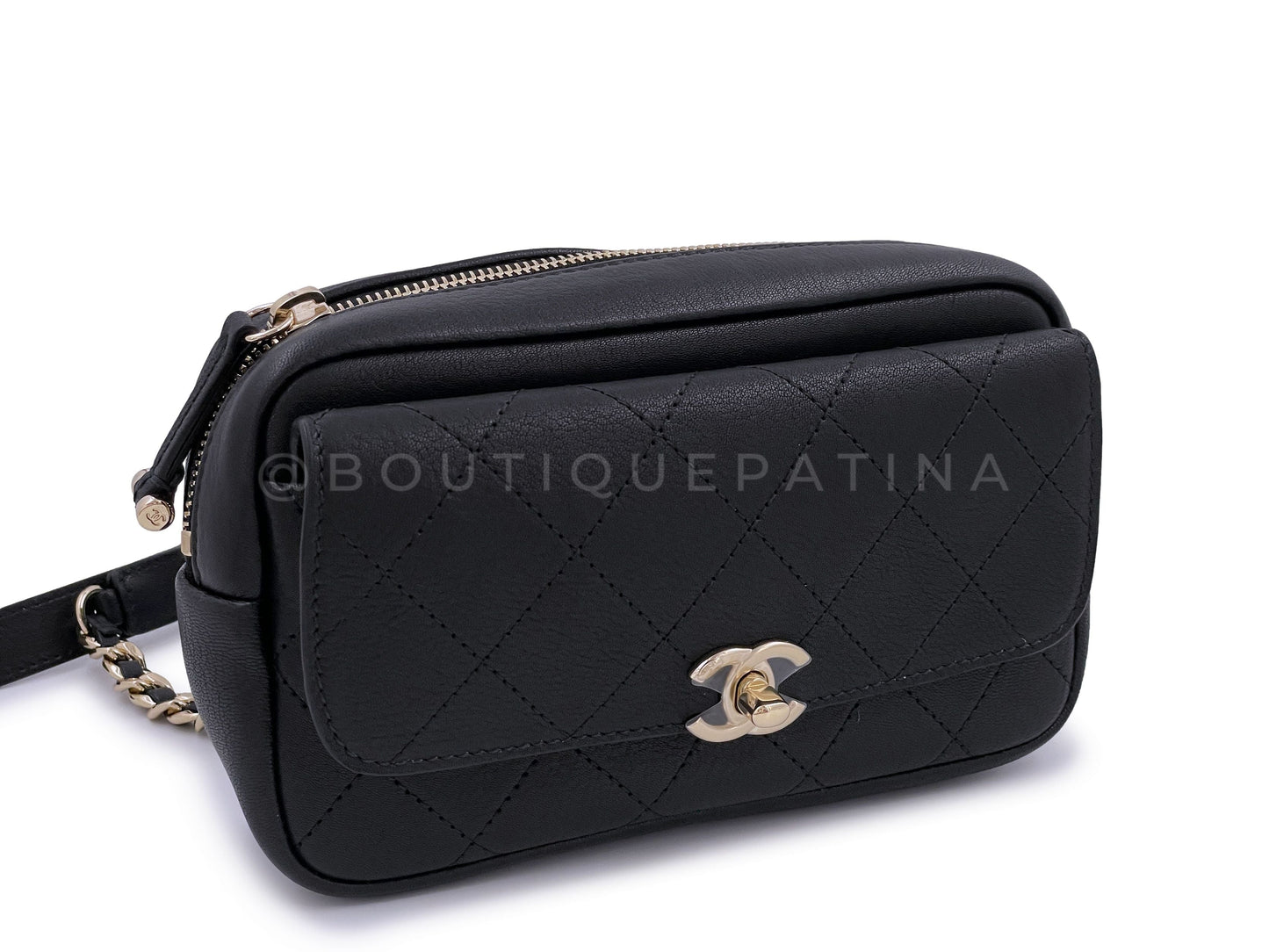 NIB 19B Chanel Black Waist Belt Bag Fanny Pack GHW