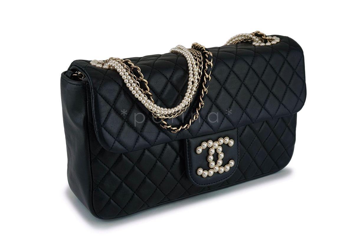 Rare Chanel Black Westminster Pearls Classic Flap Bag