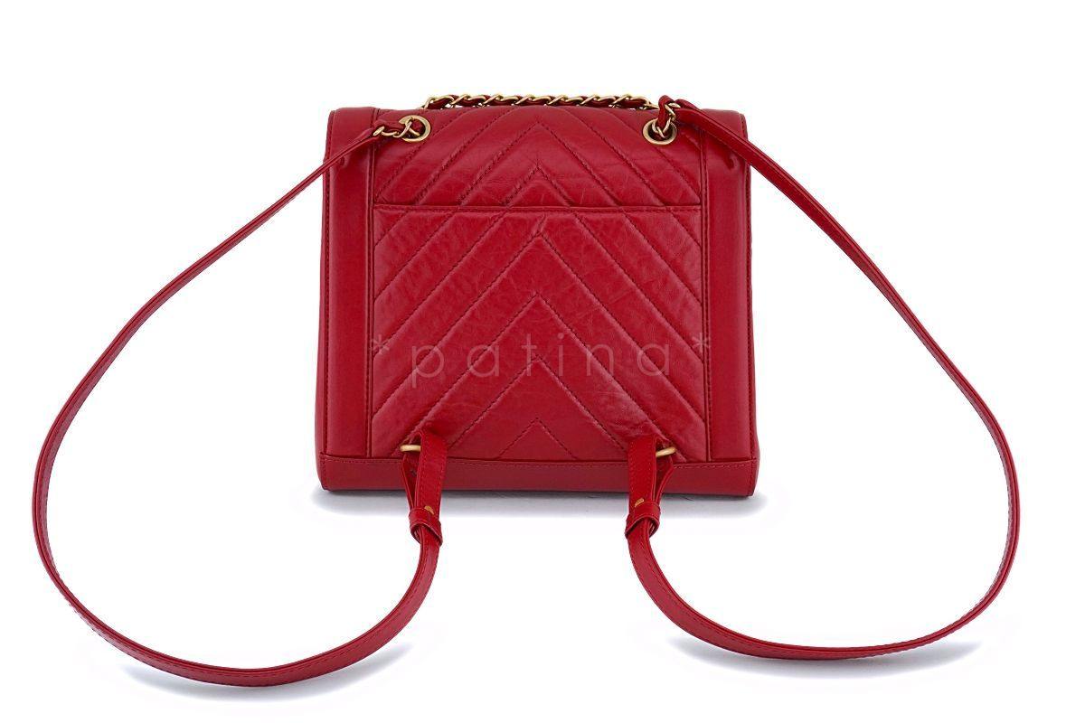 Chanel Red Aged Calfskin Large Chevron Framed Backpack Bag GHW