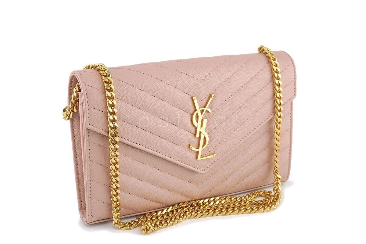 YSL Saint Laurent Nude Pink Powder Beige Grain de Poudre Wallet on Chain WOC Bag SHW