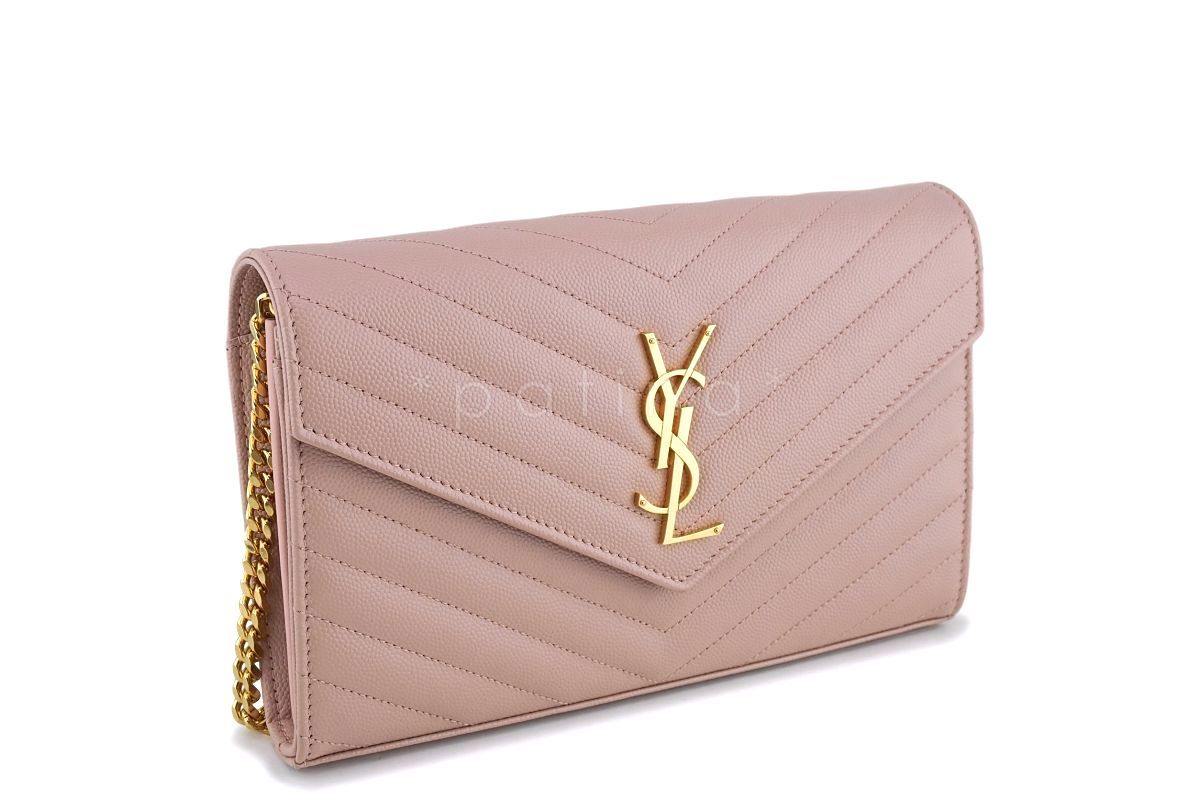 YSL Saint Laurent Nude Pink Powder Beige Grain de Poudre Wallet on Chain WOC Bag SHW
