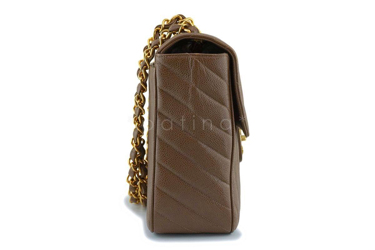 Chanel Vintage Taupe Beige Caviar Chevron Maxi "Jumbo XL" Classic Flap Bag 24k GHW KM5