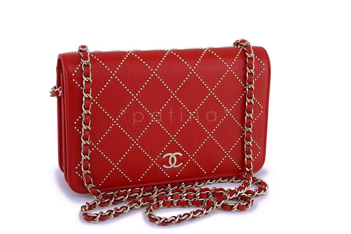 NIB 19P Chanel Red Goatskin Studded Classic Wallet on Chain WOC Flap Bag GHW