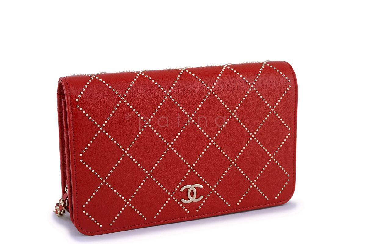 NIB 19P Chanel Red Goatskin Studded Classic Wallet on Chain WOC Flap Bag GHW