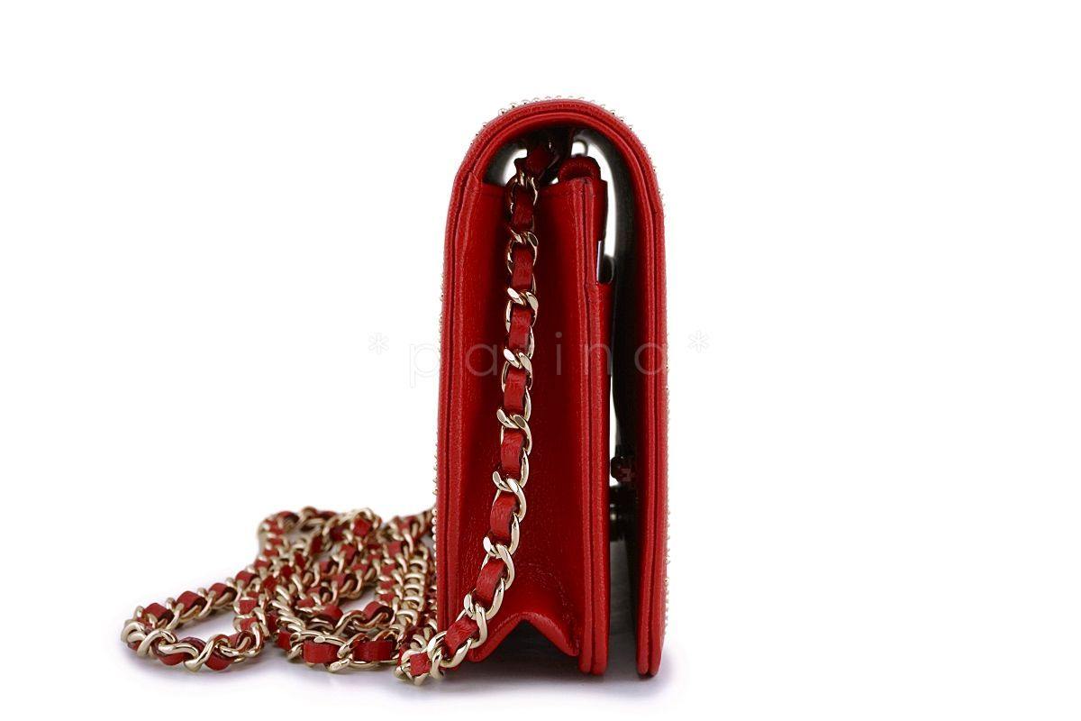 NIB 19P Chanel Red Goatskin Studded Classic Wallet on Chain WOC Flap Bag GHW