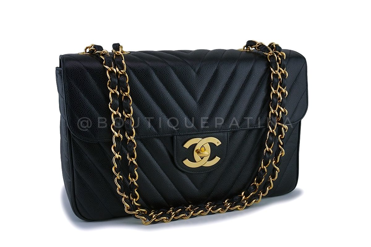 Chanel 1994 Vintage Black Chevron Caviar Maxi "Jumbo XL" Classic Flap Bag 24k GHW