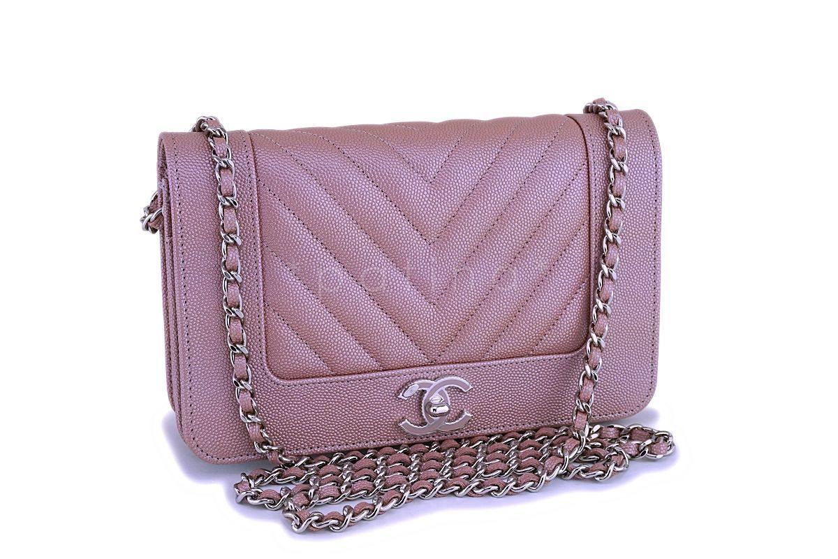 NIB 19P Chanel Iridescent Pink Caviar Rose Gold Chevron Wallet on Chain WOC Flap Bag