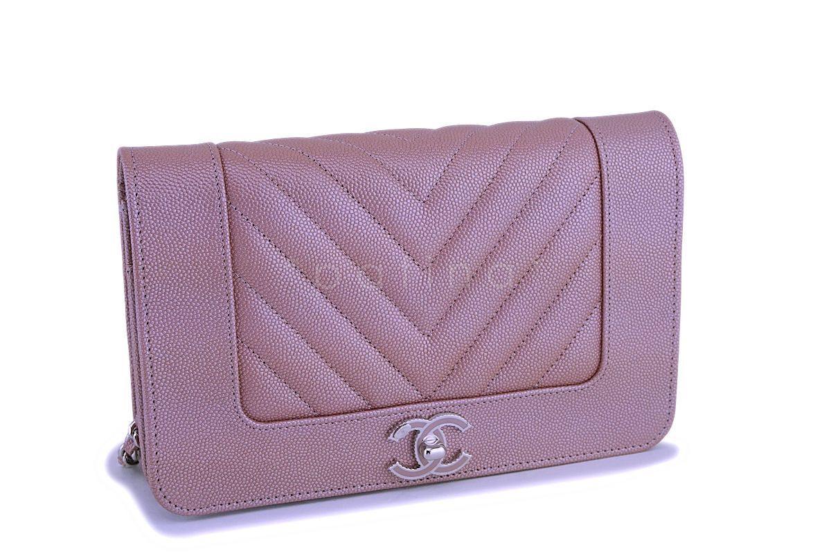 NIB 19P Chanel Iridescent Pink Caviar Rose Gold Chevron Wallet on Chain WOC Flap Bag