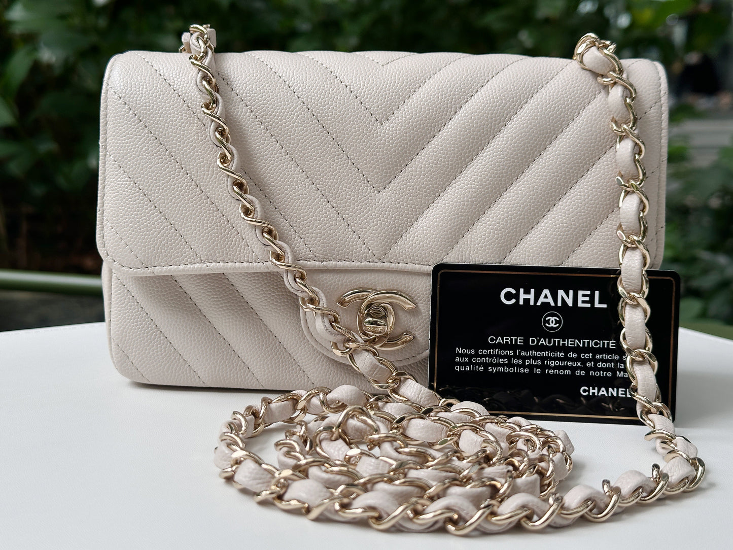 Chanel Mini Rectangle Chevron Blush Hue Light Beige Flap Bag LGHW 2644 holo card