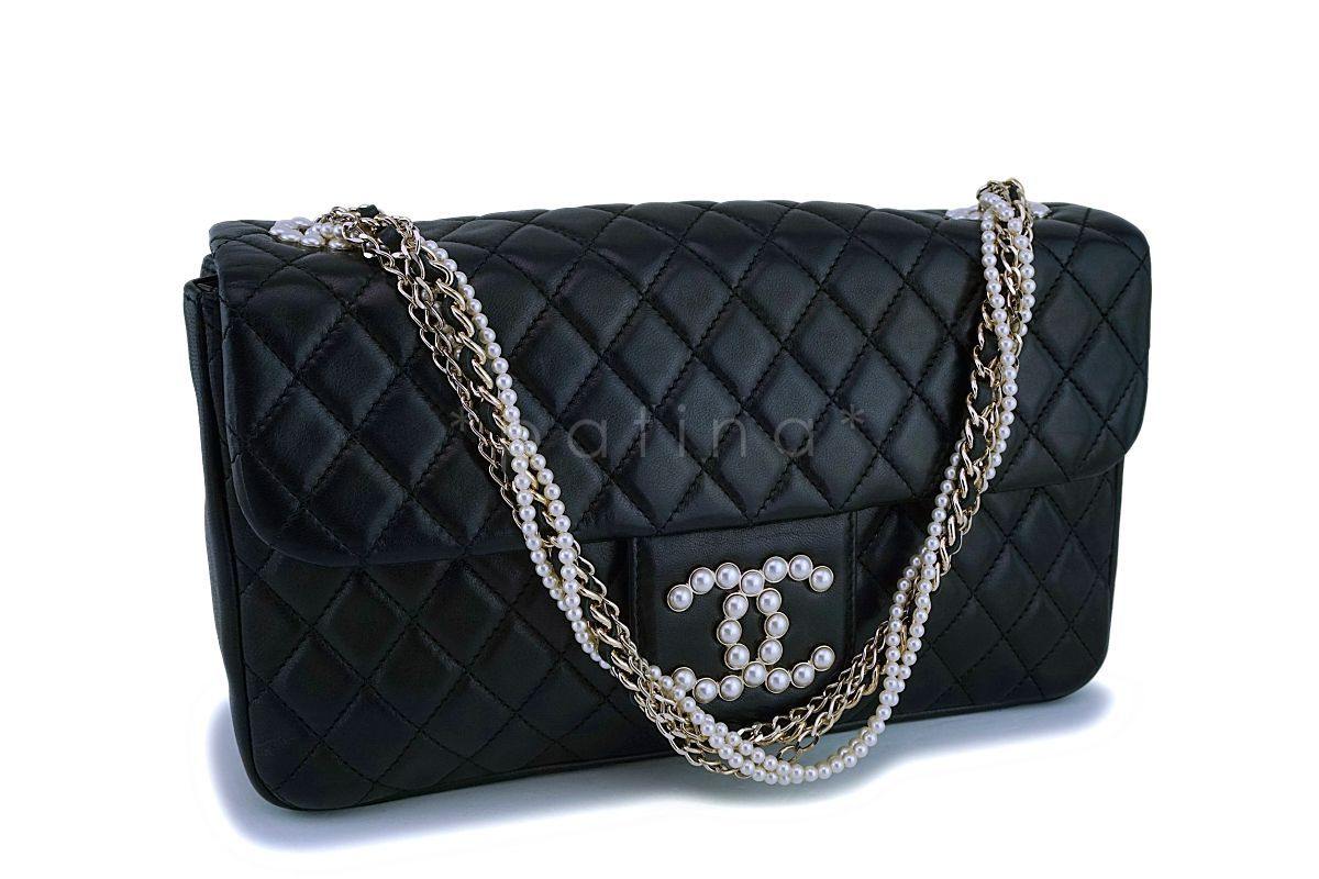 Chanel Black Lambskin Westminster Pearls Classic Flap Bag GHW