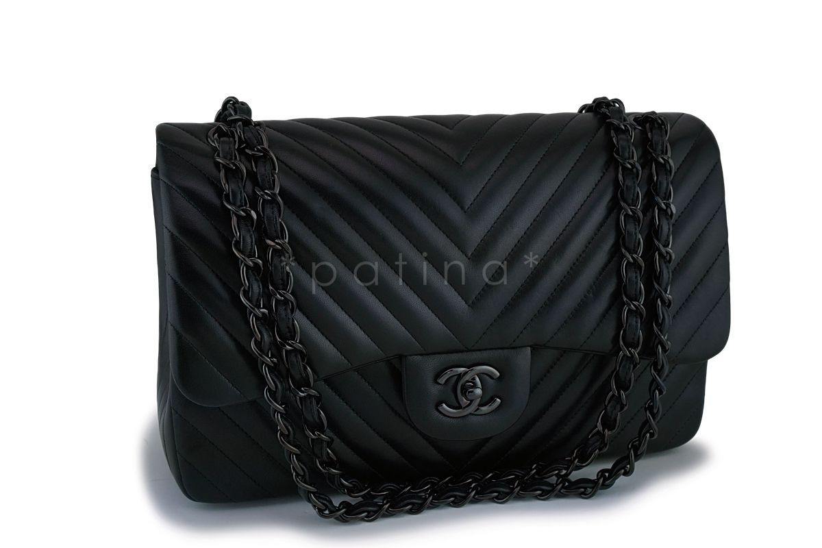 Chanel So Black Chevron Lambskin Jumbo Classic Double Flap Bag