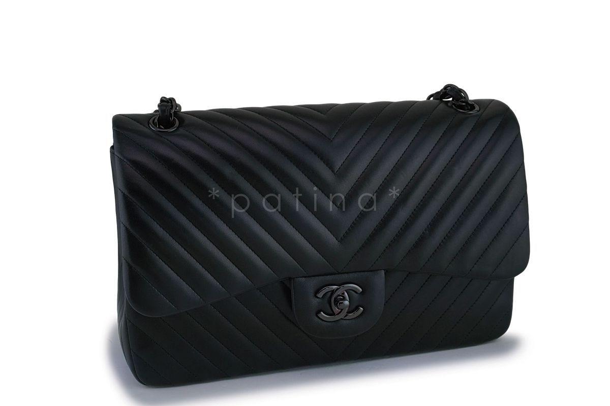 Chanel So Black Chevron Lambskin Jumbo Classic Double Flap Bag