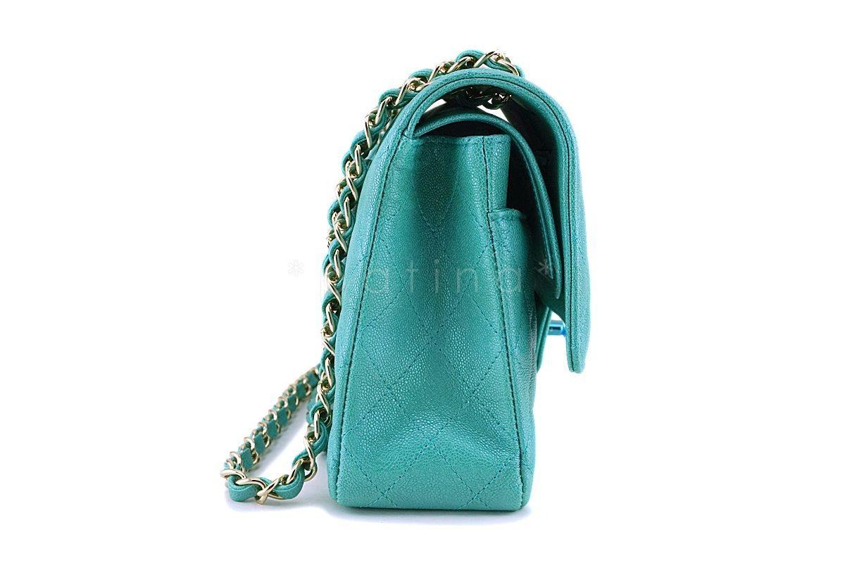 NIB 19S Chanel Iridescent Turquoise Green Caviar Medium Classic Double Flap Bag GHW