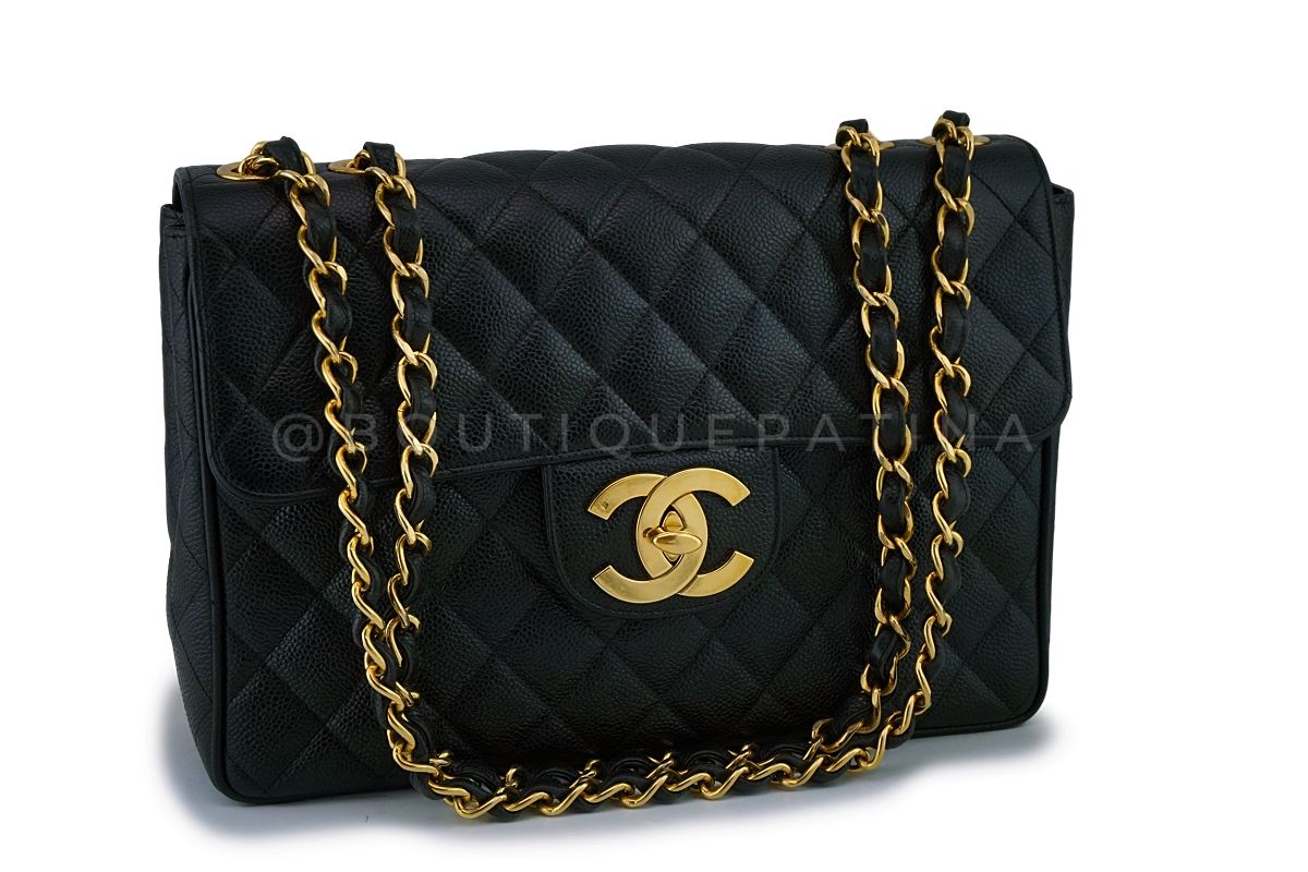 Chanel Vintage Black Caviar Jumbo Classic Flap Bag 24k GHW