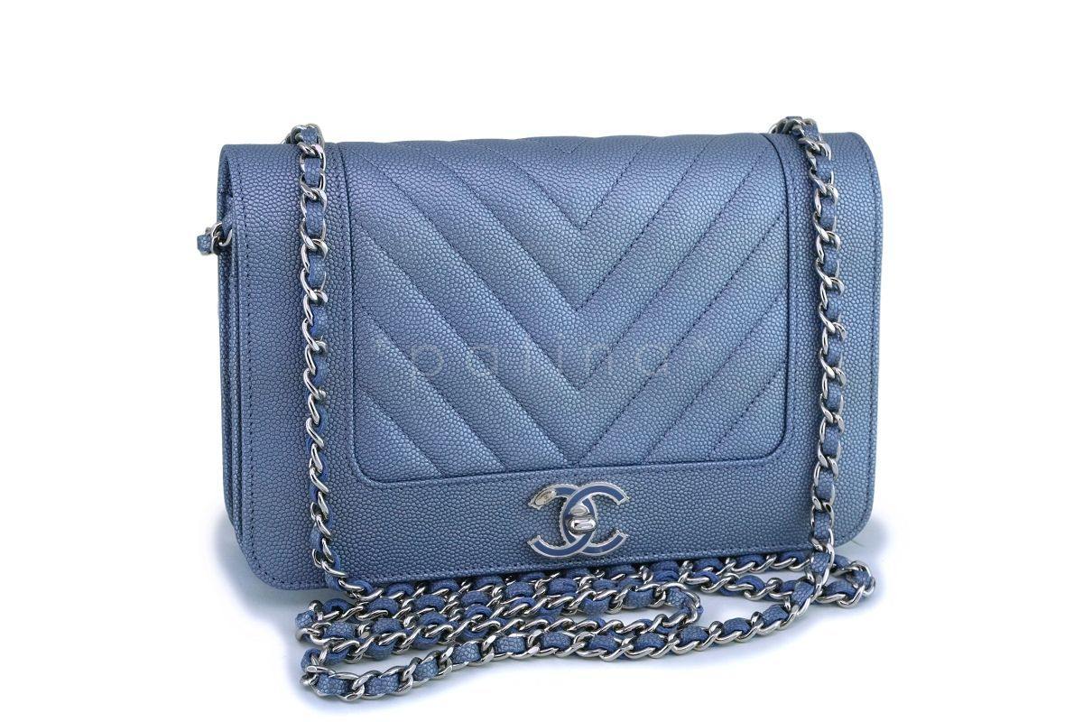 NIB 19P Chanel Iridescent Pearly Blue Caviar Mademoiselle Chevron Wallet on Chain WOC Bag