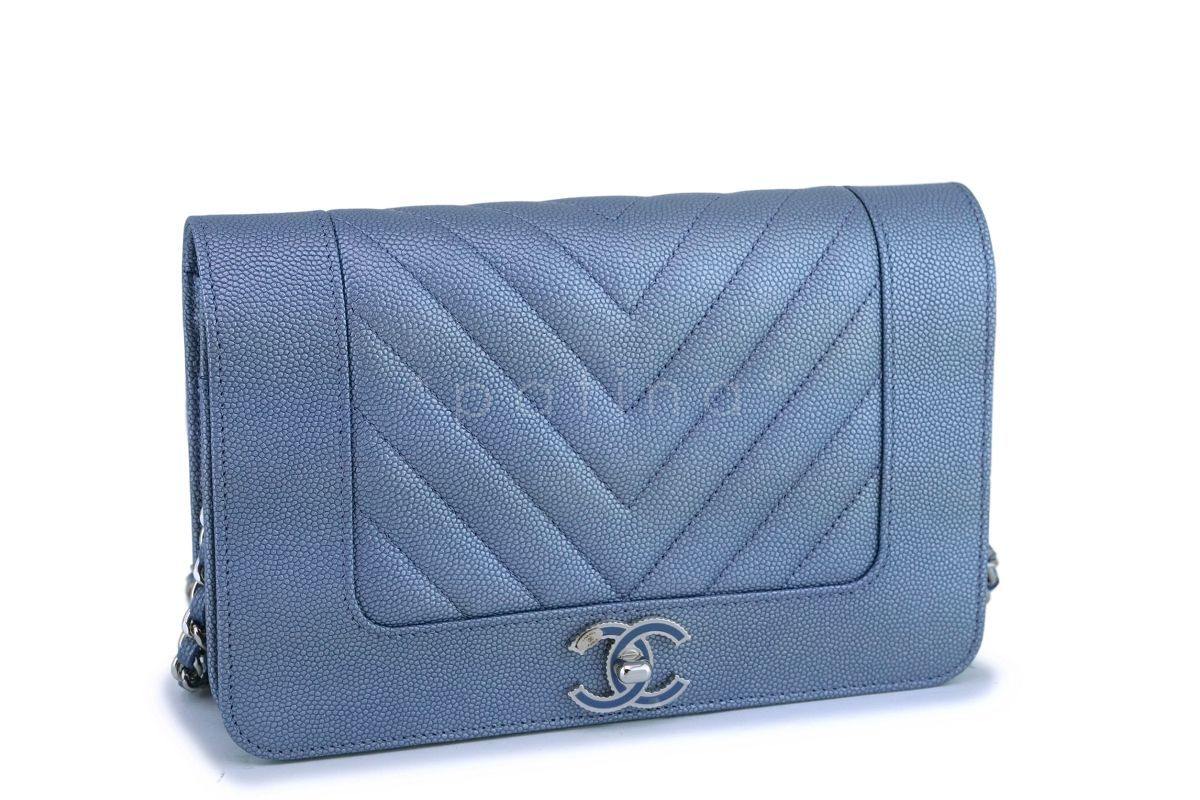 NIB 19P Chanel Iridescent Pearly Blue Caviar Mademoiselle Chevron Wallet on Chain WOC Bag