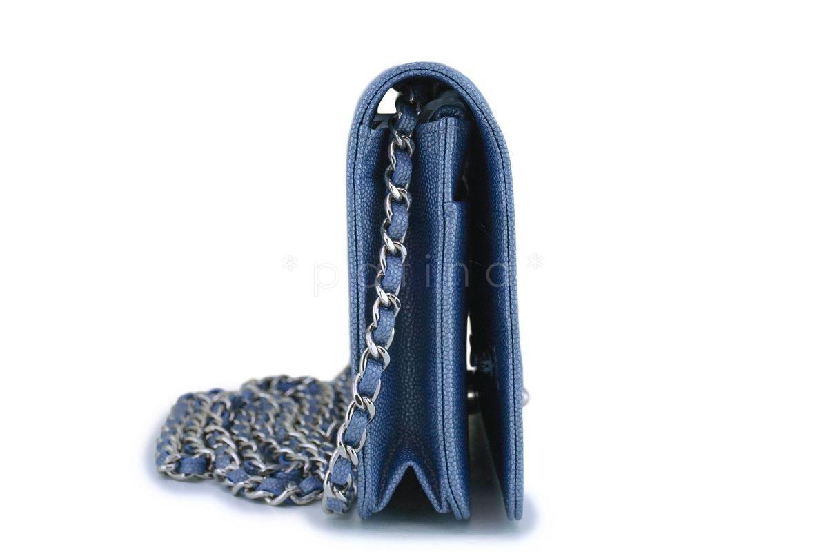 NIB 19P Chanel Iridescent Pearly Blue Caviar Mademoiselle Chevron Wallet on Chain WOC Bag