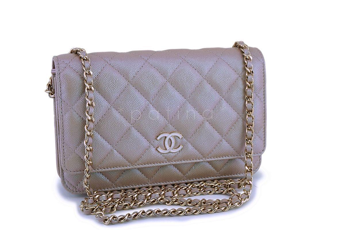 19S Chanel Iridescent Taupe Beige Rose Gold Pearly CC Wallet on Chain WOC Flap Bag