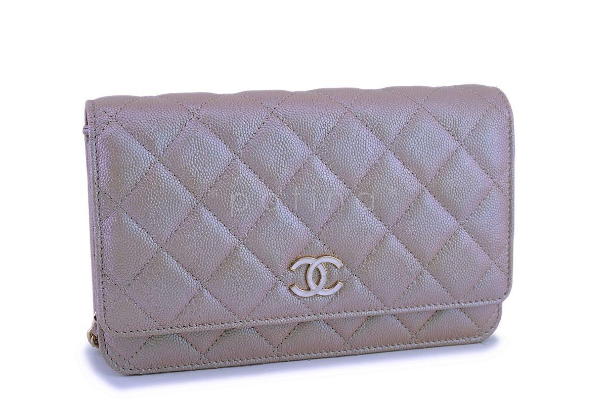 19S Chanel Iridescent Taupe Beige Rose Gold Pearly CC Wallet on Chain WOC Flap Bag