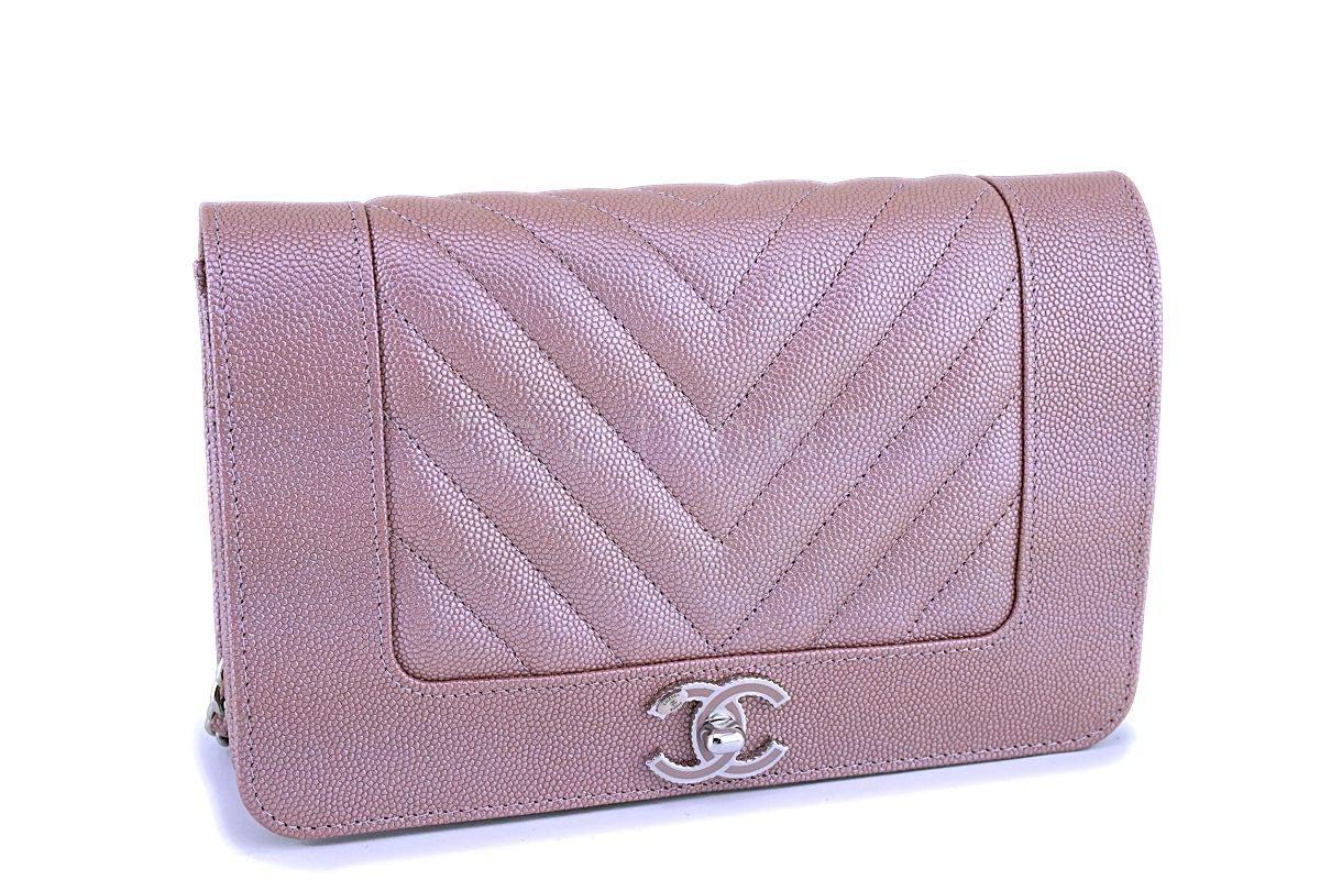 NIB 19P Chanel Pink Caviar Rose Gold Chevron Wallet on Chain WOC Flap Bag