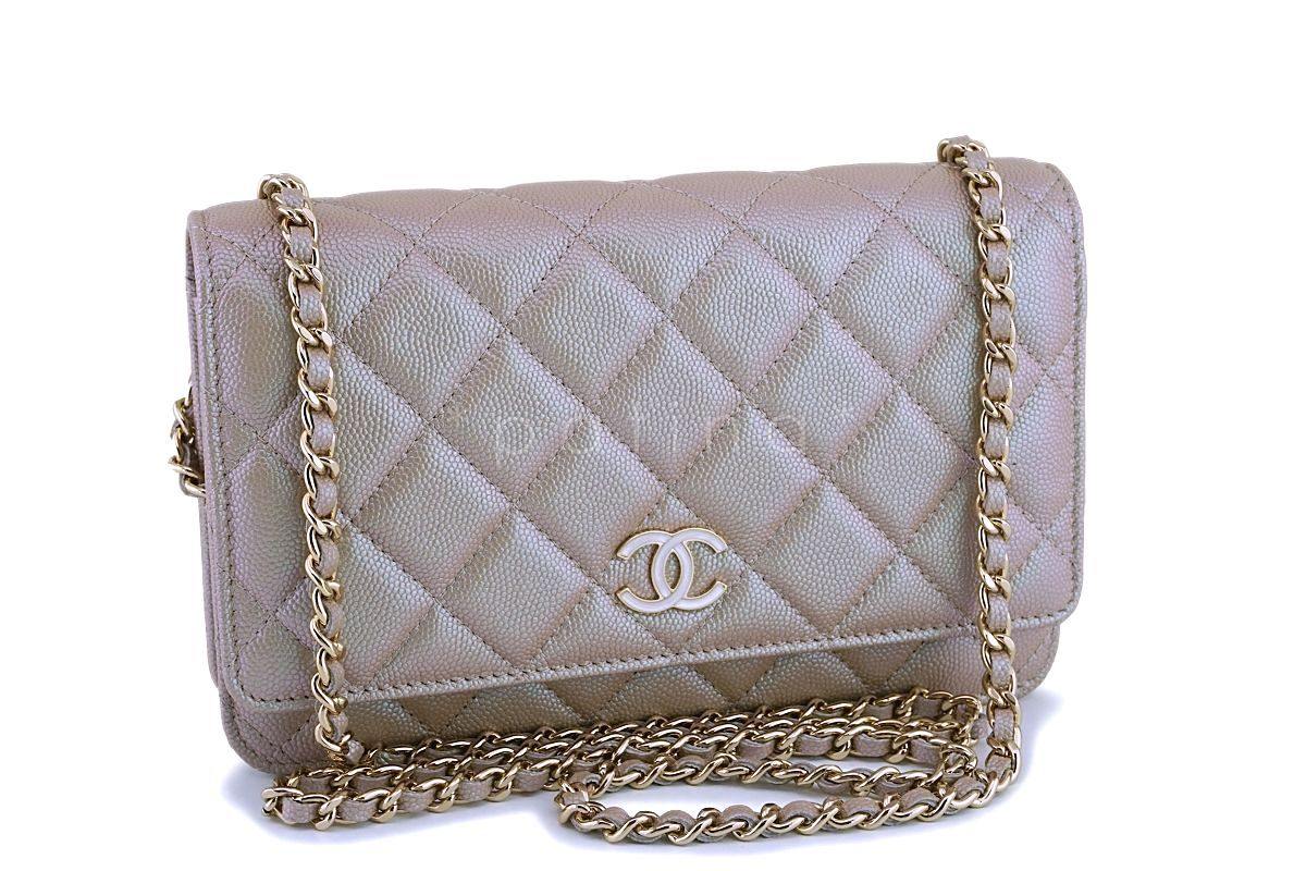 NIB 19S Chanel Iridescent Taupe Beige Rose Gold Pearly CC Wallet on Chain WOC Flap Bag
