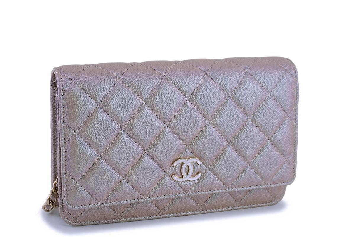 NIB 19S Chanel Iridescent Taupe Beige Rose Gold Pearly CC Wallet on Chain WOC Flap Bag