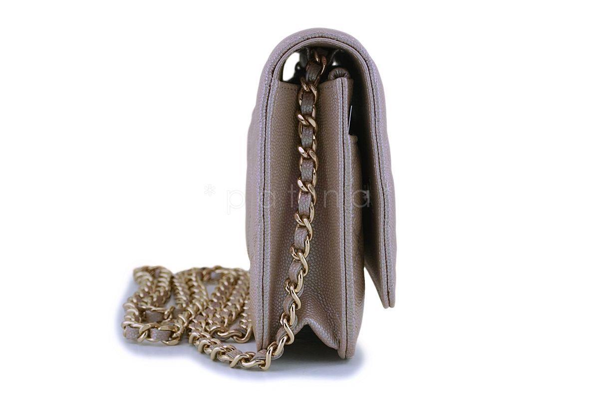 NIB 19S Chanel Iridescent Taupe Beige Rose Gold Pearly CC Wallet on Chain WOC Flap Bag