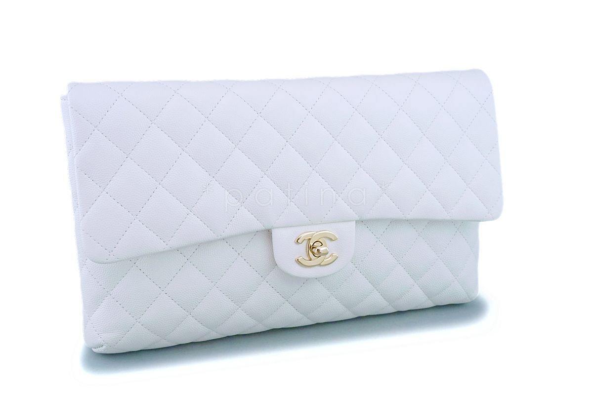 NIB 19B Chanel White Caviar Timeless Classic Flap Clutch Bag GHW