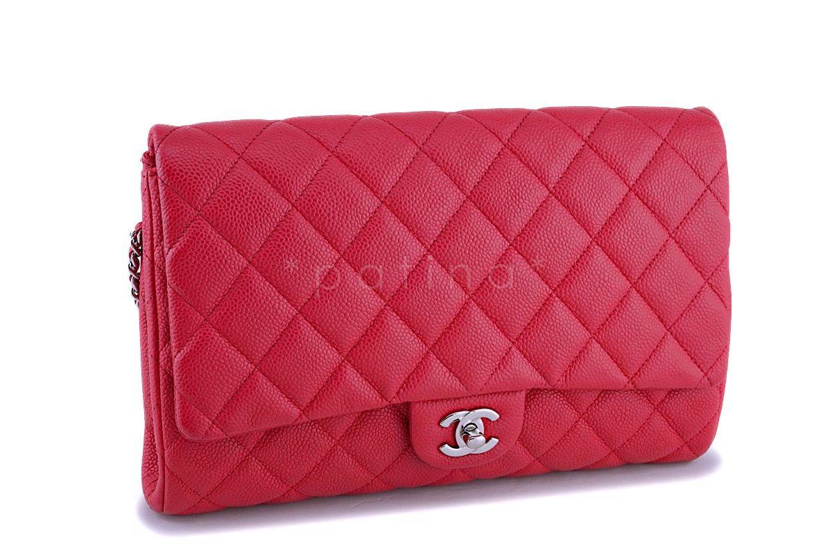 Chanel Blush Red Caviar Timeless Classic Flap Clutch w Chain Bag SHW