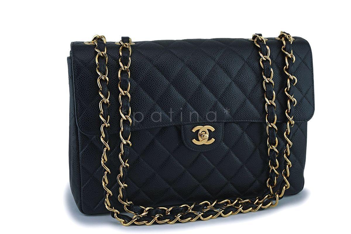 Chanel Vintage Black Caviar Jumbo Classic Flap Bag 24k GHW