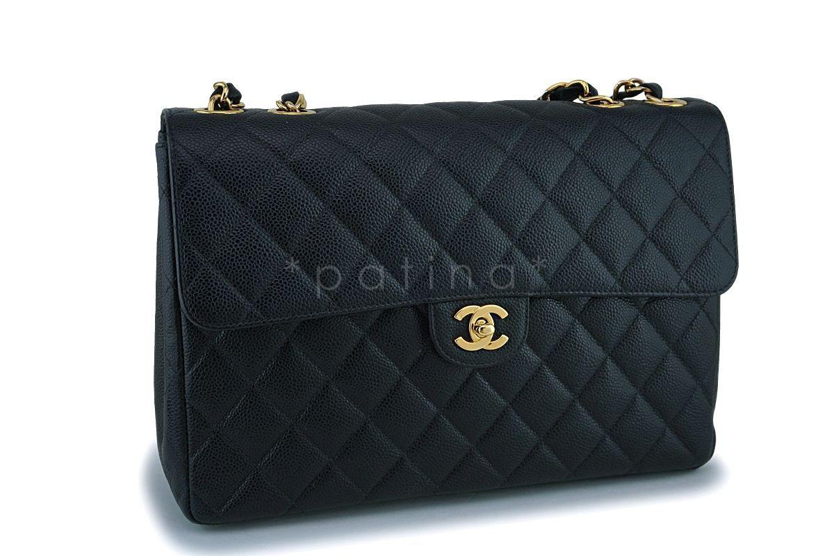 Chanel Vintage Black Caviar Jumbo Classic Flap Bag 24k GHW