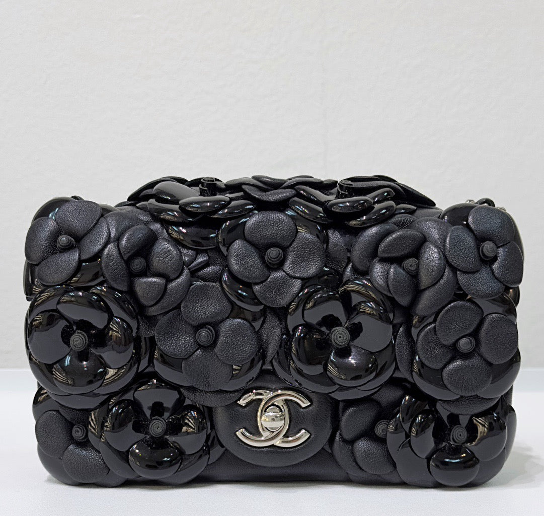 Chanel Mini Limited Edition Black Camellia Lambskin Flap Bag