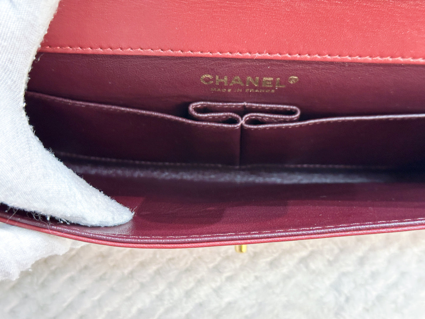 Chanel Pre-owned Classic Flap Gabrielle Brasserie Menu Clutch Burgundy and Black Lambskin Antique GHW 2163 holo card