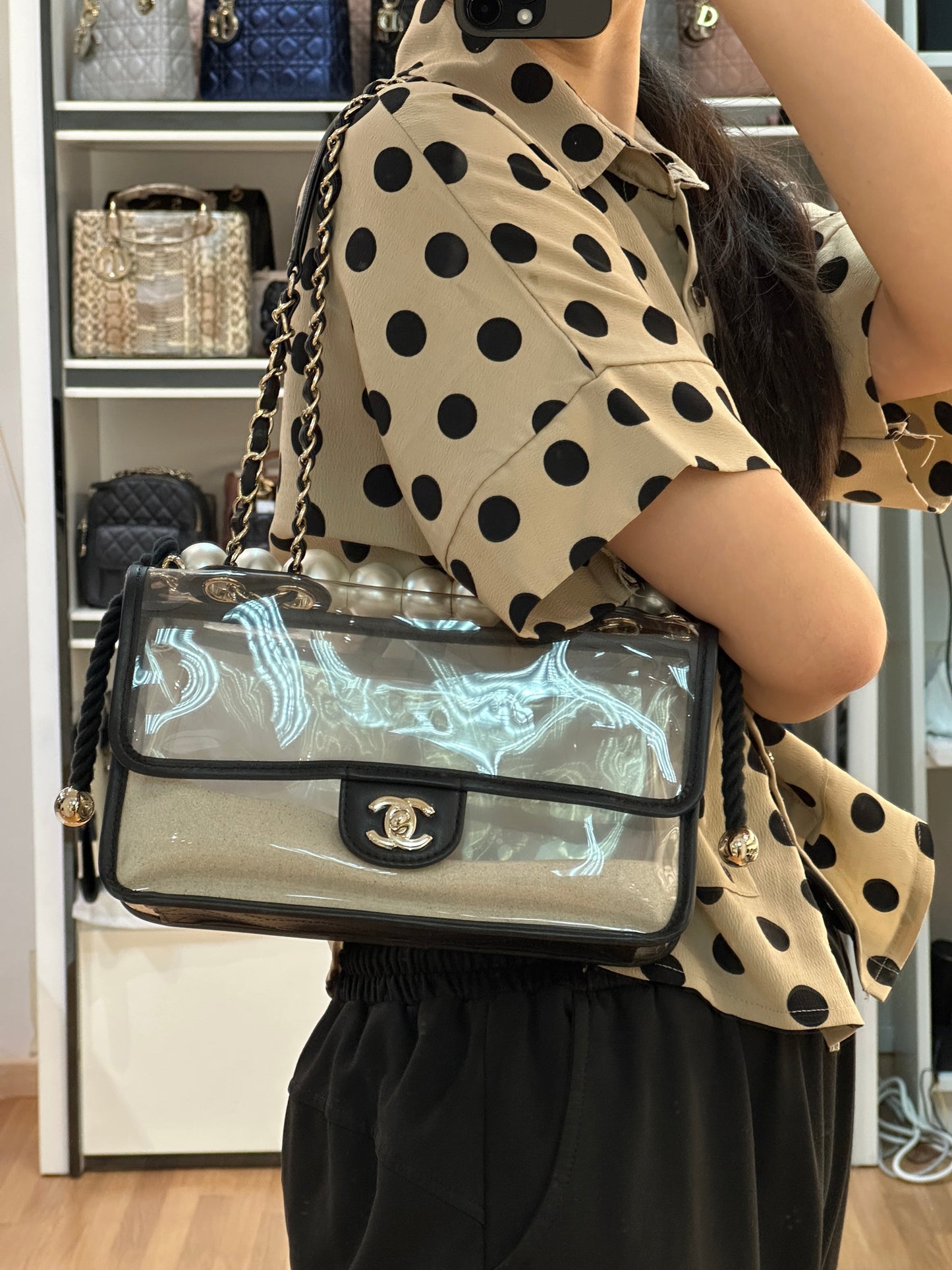 Chanel Medium Lambskin CoCo Sand PVC Sand By The Sea Flap With Pearl Strap Black 2745 holo card