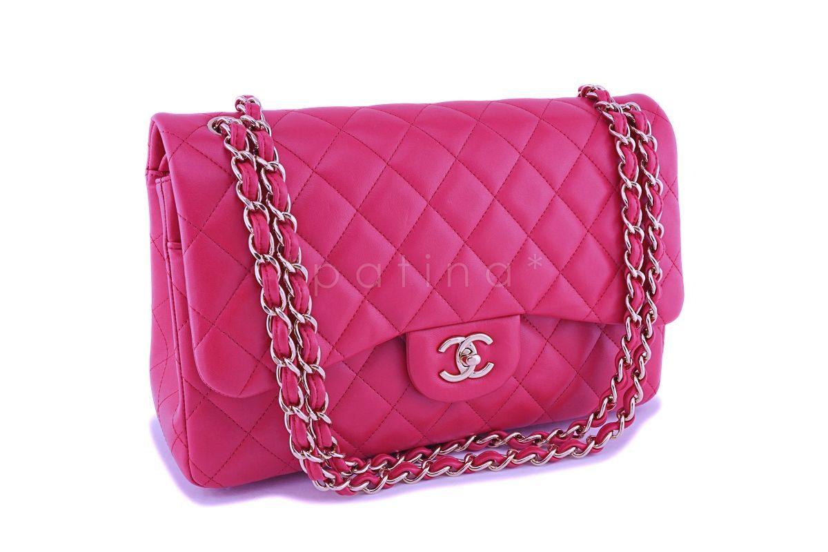 Chanel Fuchsia Pink Lambskin Jumbo Classic Double Flap Bag GHW