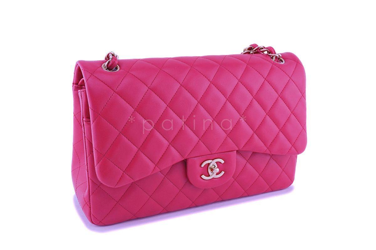 Chanel Fuchsia Pink Lambskin Jumbo Classic Double Flap Bag GHW
