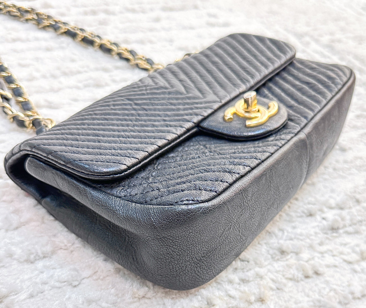 Chanel Black Chevron Leather Small Classic Flap Bag