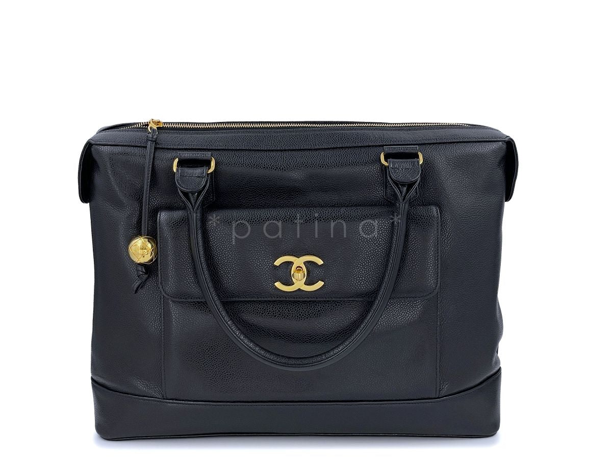 Chanel Vintage 1994 Black Caviar Zipped Briefcase Tote Bag 24k GHW