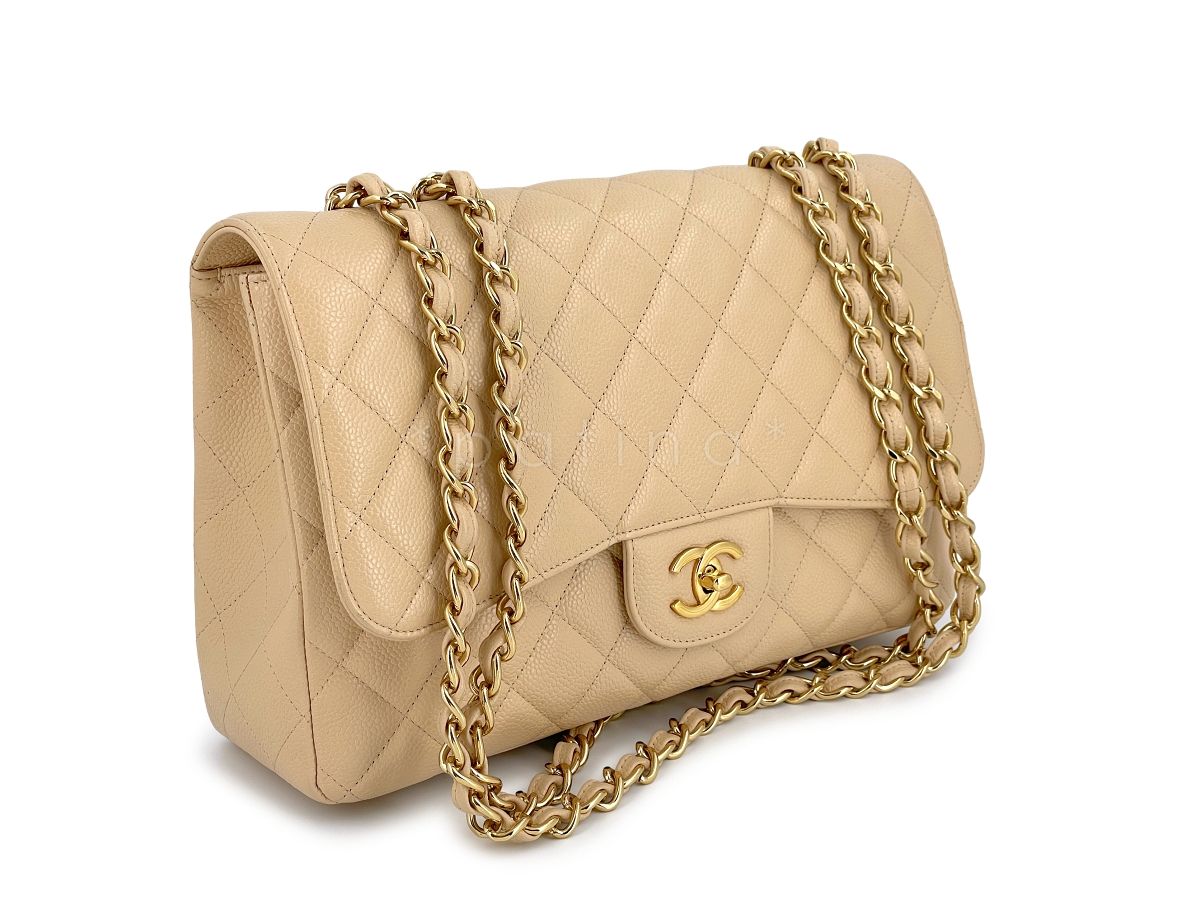 Chanel Beige Clair Caviar Jumbo Classic Flap Bag GHW