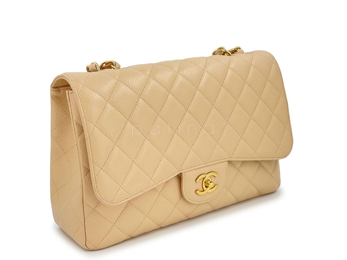 Chanel Beige Clair Caviar Jumbo Classic Flap Bag GHW