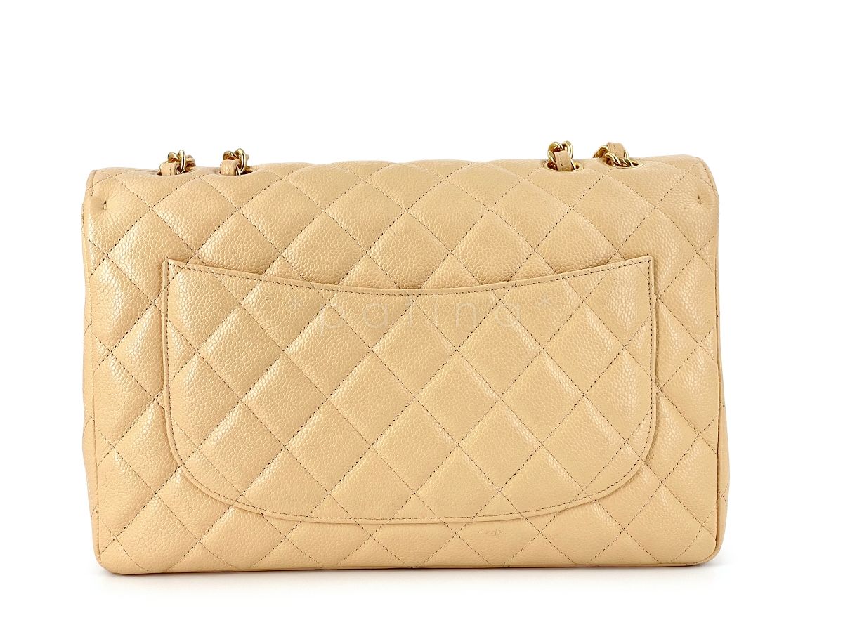 Chanel Beige Clair Caviar Jumbo Classic Flap Bag GHW