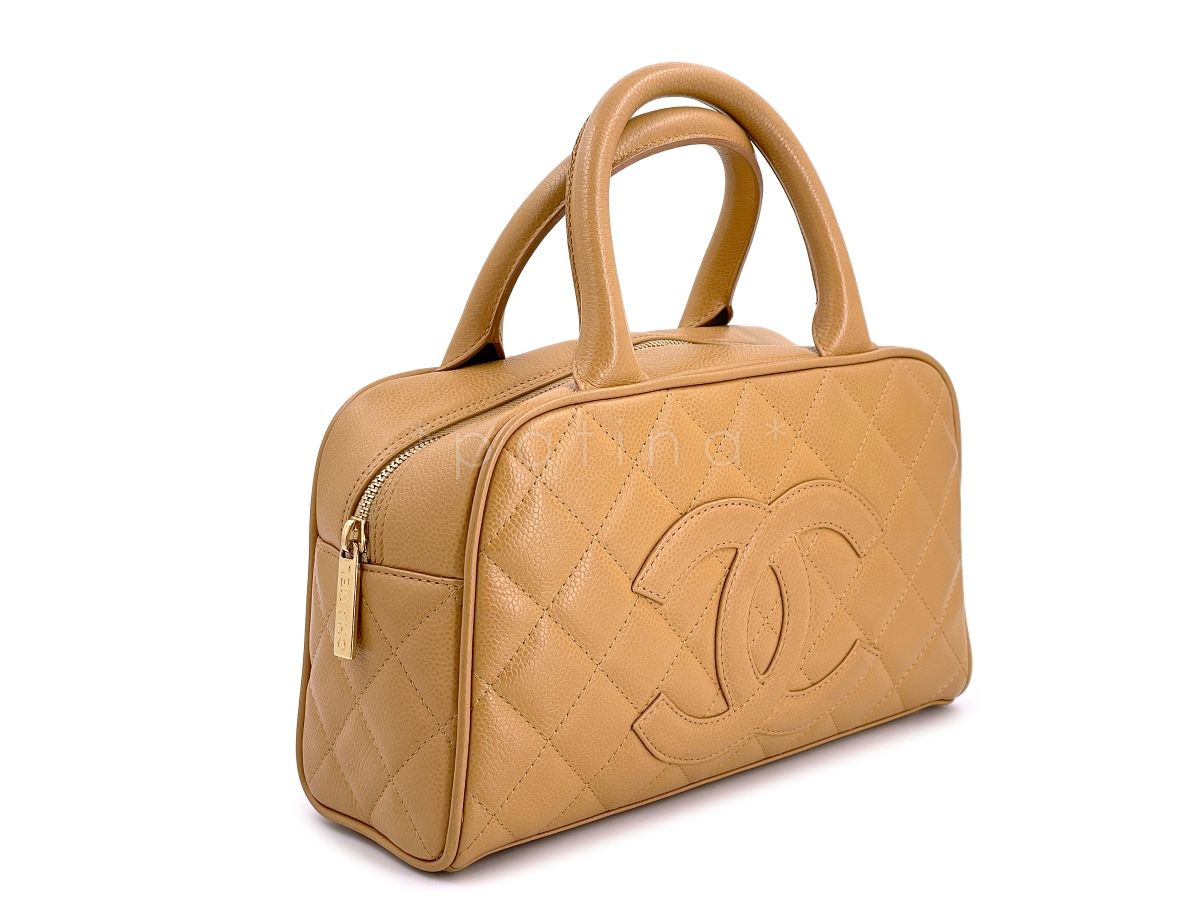 Chanel Camel Beige Caviar Quilted Mini Bowler Bag